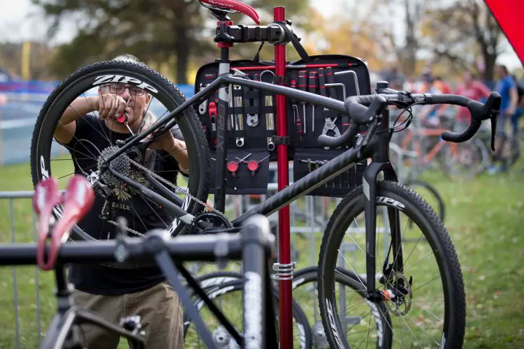 You too can soon wrench like Josè Alcalá, seen here at work tuning bikes with Feedback Sports' work stand and Team Edition Tool Kit. © Wil Matthews