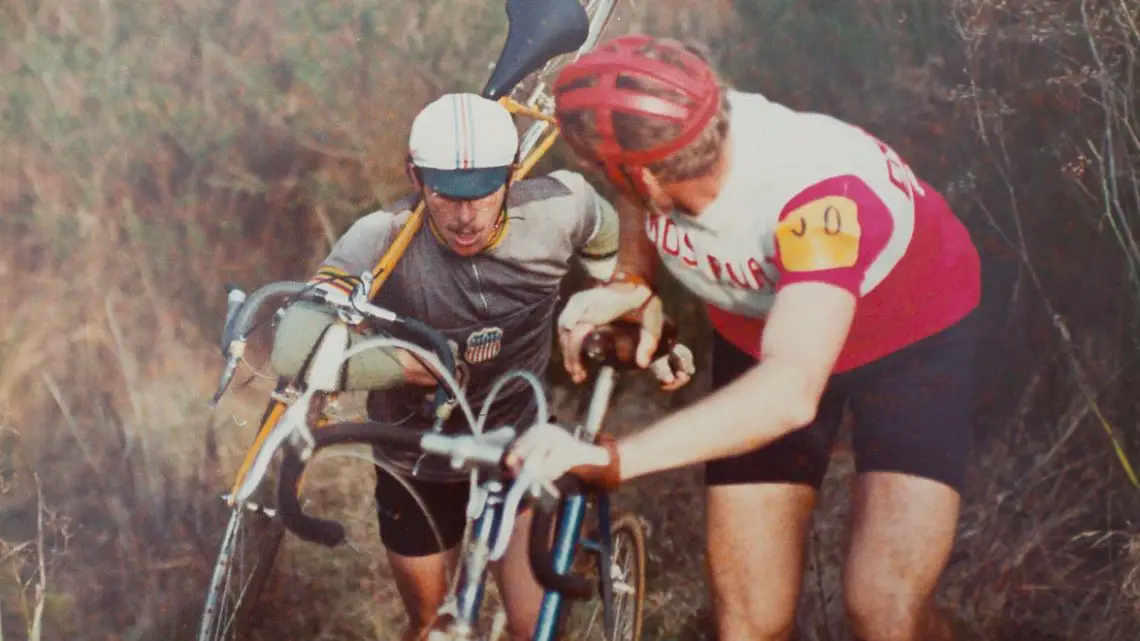 Laurie Schmidtke catching up to Fritz Liedl. Mill Valley Cyclocross. December 1, 1974. © Hermann Schmidtke
