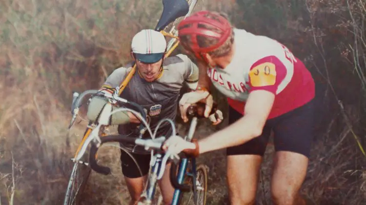 Laurie Schmidtke catching up to Fritz Liedl. Mill Valley Cyclocross. December 1, 1974. © Hermann Schmidtke