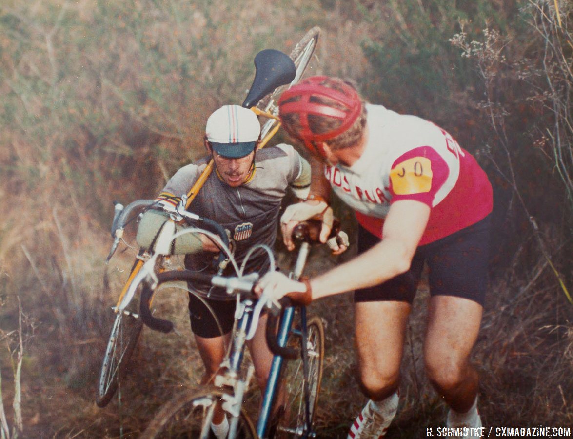 Laurie Schmidtke catching up to Fritz Liedl. Mill Valley Cyclocross. December 1, 1974. © Hermann Schmidtke