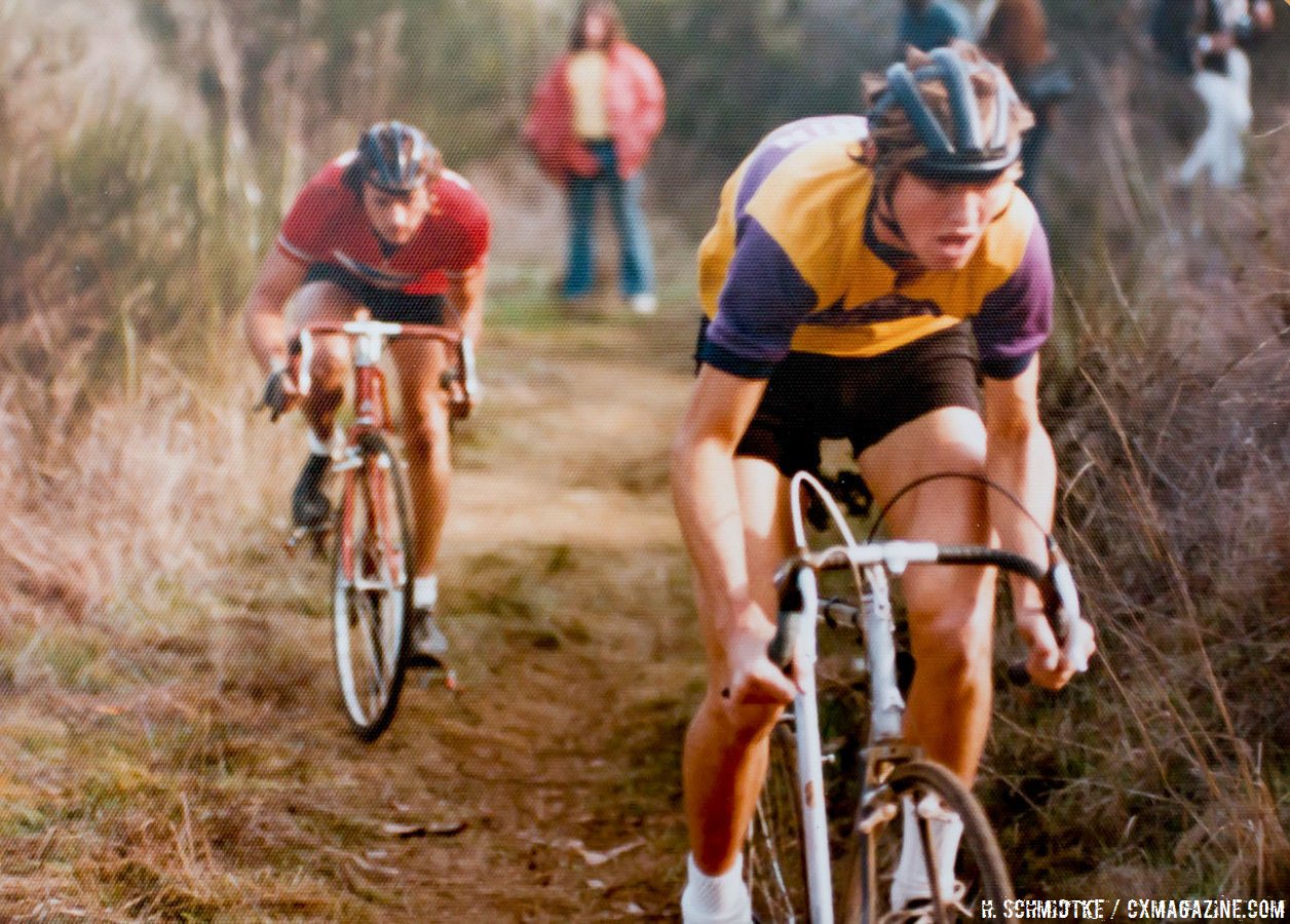 Laurence Malone and Dannie Nall leading the race up the climb. Mill Valley Cyclocross. December 1, 1974. © Hermann Schmidtke