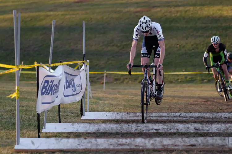 Kisseberth getting air on the stairs. 2016 Supercross cyclocross race. © Chris McIntosh