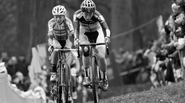 Sophie de Boer and many others tried to hold Sanne Cant's wheel, but nobody was successful in the end. 2016 Superprestige Gavere Elite Women. © B. Hazen / Cyclocross Magazine