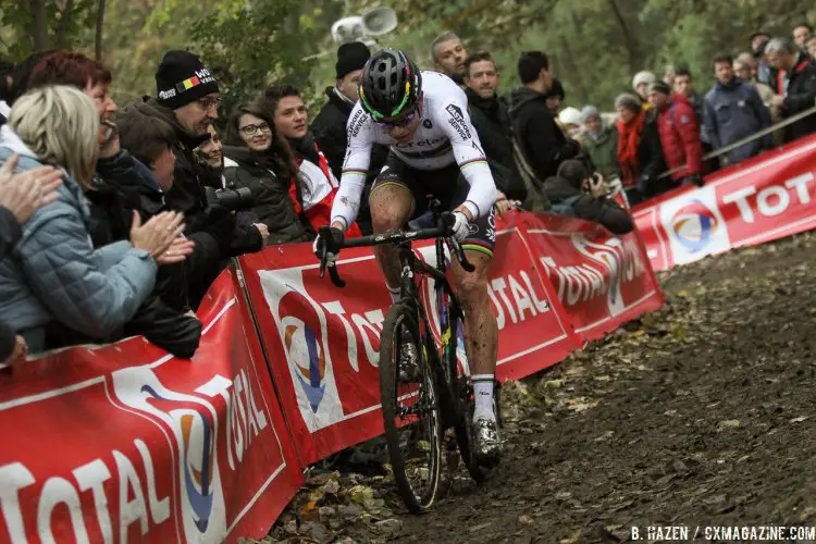 Wout van Aert chasing Mathieu van der Poel. 2016 Superprestige Gavere Elite Men. © B. Hazen / Cyclocross Magazine