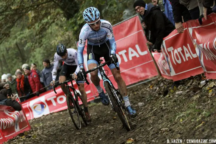 Kevin Pauwels leading Toon Aerts up the climb. 2016 Superprestige Gavere Elite Men. © B. Hazen / Cyclocross Magazine