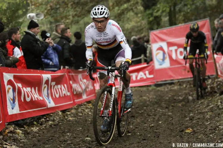 Van der Poel teammate Walsleben gives chase. 2016 Superprestige Gavere Elite Men. © B. Hazen / Cyclocross Magazine