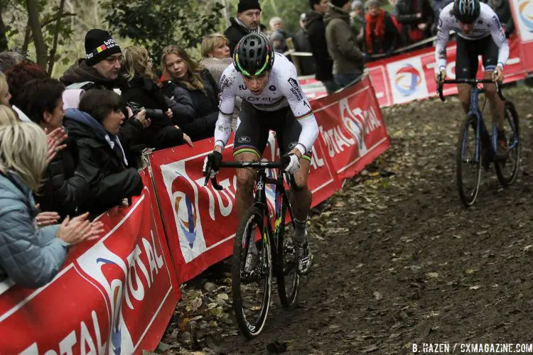 Two striped champions chase: World Champ Wout van Aert leads European Champ Toon Aerts. 2016 Superprestige Gavere Elite Men. © B. Hazen / Cyclocross Magazine