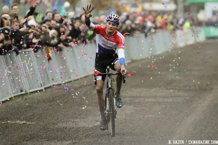 Mathieu van der Poel wins his fourth 2016 Superprestige race in a row. 2016 Gavere Elite Men. © B. Hazen / Cyclocross Magazine