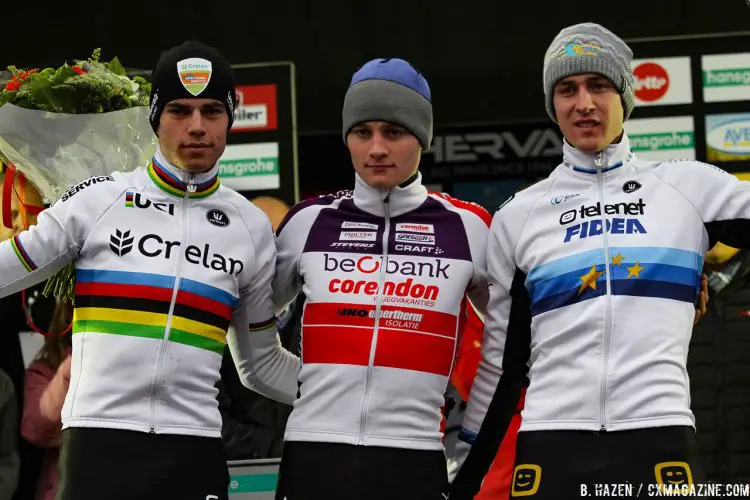 Mathieu van der Poel wins over Wout van Aert and Toon Aerts. 2016 Superprestige Gavere Elite Men. © B. Hazen / Cyclocross Magazine