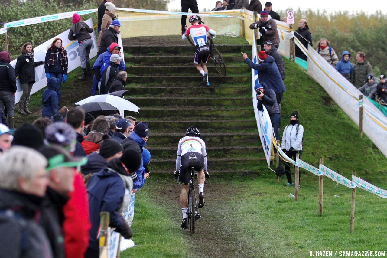 Mathieu van der Poel leads Wout van Aert up the slippery stairs. 2016 SuperPrestige cyclocross series, Ruddervoorde race #3, Elite Men. © B. Hazen / Cyclocross Magazine