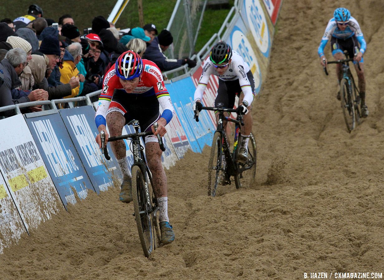 Van der Poel on the attack in the sand, ahed of Van Aert and Vanthourenhout. 2016 SuperPrestige cyclocross series, Ruddervoorde race #3, Elite Men. © B. Hazen / Cyclocross Magazine
