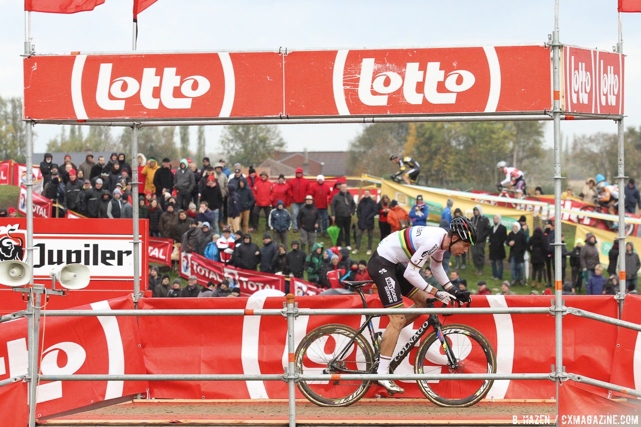 Wout van Aert descends the flyover. 2016 SuperPrestige cyclocross series, Ruddervoorde race #3, Elite Men. © B. Hazen / Cyclocross Magazine