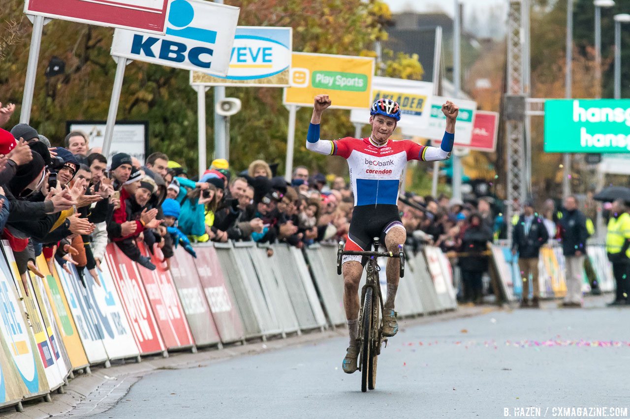 Mathieu van der Poel wins his third Superprestige in a row. 2016 SuperPrestige cyclocross series, Ruddervoorde race #3, Elite Men. © Peter Scholz / Cyclocross Magazine