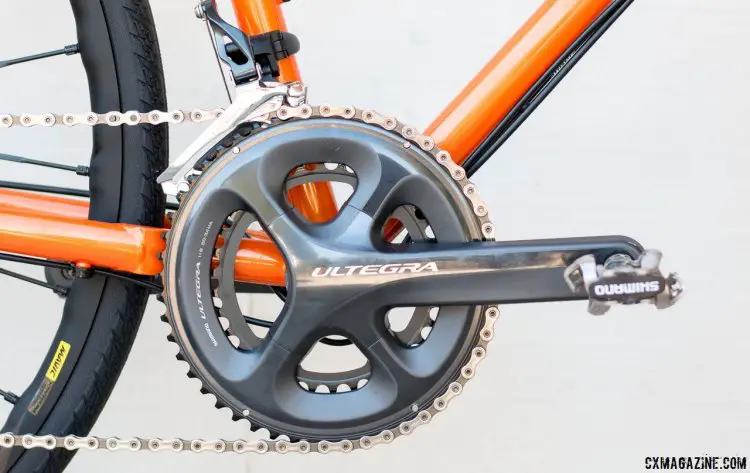 A compact 50/34 Ultegra crankset adds versatility to the Van Dessel WTF steel bike. © Cyclocross Magazine