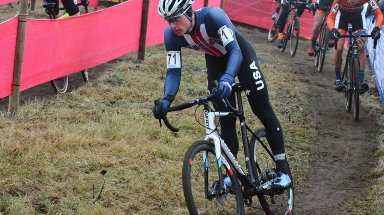 Denzel Stephenson was one of three racers from the United States racing the 2016 Zeven UCI Cyclocross World Cup Junior Men's race. Stephenson would finish top American in 23rd place. © C. Jobb / Cyclocross Magazine