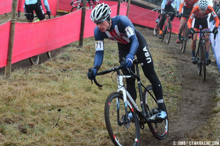 Denzel Stephenson was one of three racers from the United States racing the 2016 Zeven UCI Cyclocross World Cup Junior Men's race. Stephenson would finish top American in 23rd place. © C. Jobb / Cyclocross Magazine