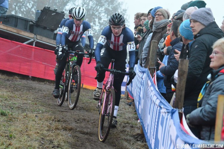 American Kevin Goguen leads countryman Sam Noel early on during the 2016 Zeven UCI Cyclocross World Cup Junior Men's race. © C. Jobb / Cyclocross Magazine