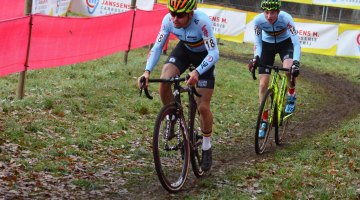 Jelle Camps leads Toon Vandebosch and the duo would finish in that order at the Zeven Junior Men's race. © C. Jobb / Cyclocross Magazine