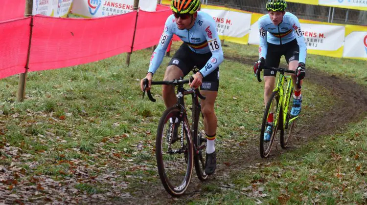 Jelle Camps leads Toon Vandebosch and the duo would finish in that order at the Zeven Junior Men's race. © C. Jobb / Cyclocross Magazine