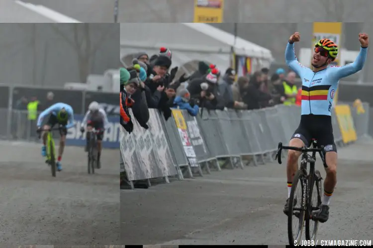 Jelle Camps finishes four seconds ahead of a sprinting Toon Vandebosch and Thomas Pidcock at the Zeven Junior Men's race. © C. Jobb / Cyclocross Magazine