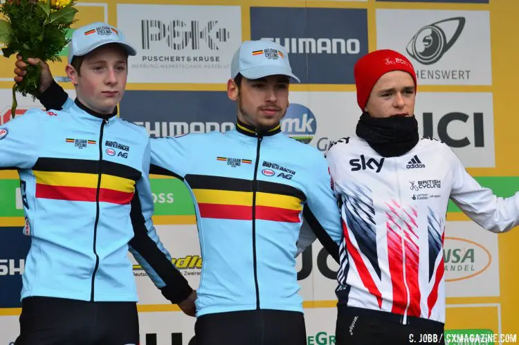 Junior Men's podium: Jelle Camps (first), Toon Vandebosch (second) and Thomas Pidcock (third). © C. Jobb / Cyclocross Magazine