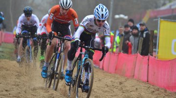 Eli Iserbyt (Belgium) leads eventually winner Joris Nieuwenhuis (Netherlands) through the sand pit during the 2016 Zeven UCI Cyclocross World Cup. © C. Jobb / Cyclocross Magazine
