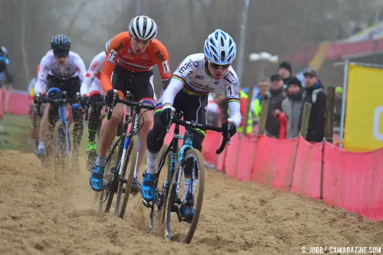 Eli Iserbyt (Belgium) leads eventually winner Joris Nieuwenhuis (Netherlands) through the sand pit during the 2016 Zeven UCI Cyclocross World Cup. © C. Jobb / Cyclocross Magazine