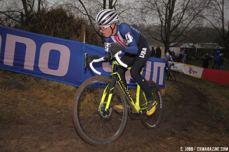 Eric Brunner (USA) on one of the final climbs at the Zeven World Cup U23 Men's race. © C. Jobb / Cyclocross Magazine