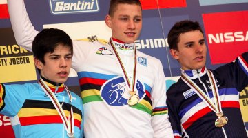 2012 Koksijde Cyclocross World Championships - Junior Men - L to R: Wout van Aert, Mathieu van der Poel, Quentin Jauregui