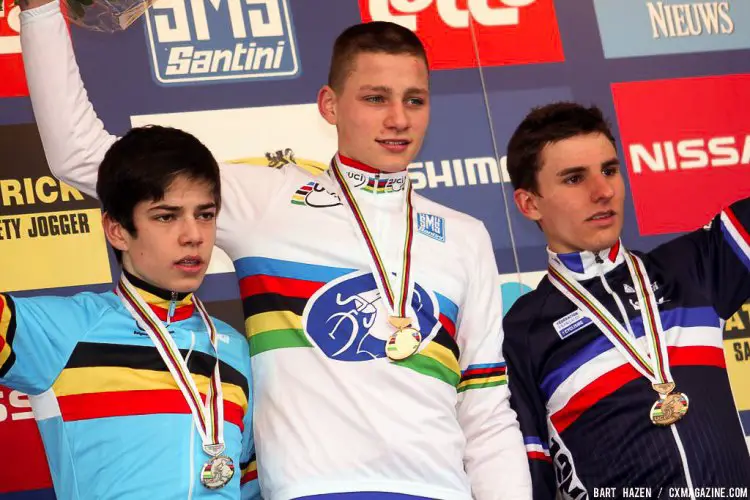 2012 Koksijde Cyclocross World Championships - Junior Men - L to R: Wout van Aert, Mathieu van der Poel, Quentin Jauregui