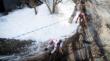 Sawada leading Kosaka in their battle or the win. 2016 Nobeyama Rapha Super Cross Day 1. © Jeff Curtes