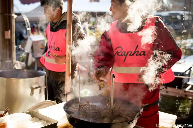 No, Rapha isn't getting into selling upscale oden, but the company did supply branded vests for anyone working the event. 2016 Nobeyama Rapha Super Cross Day 1. © Jeff Curtes