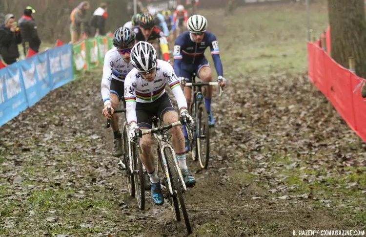 U23 World Champ Eli Iserbyt leads the chase and the battle or silver. 2016 Namur Cyclocross World Cup, U23 Men. © B. Hazen / Cyclocross Magazine