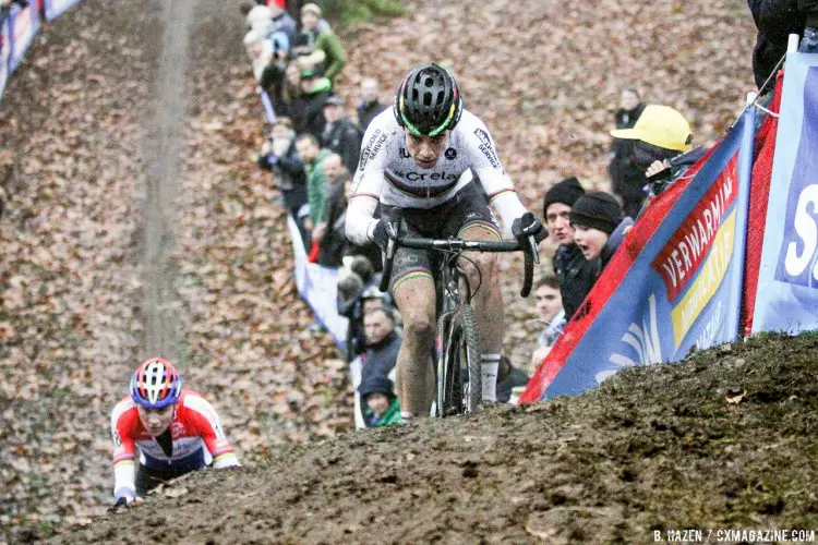Mathieu van der Poel chase Wout van Aert. 2016 UCI Cyclocross World Cup Namur. Elite Men. © B. Hazen / Cyclocross Magazine