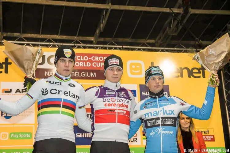 Wout van Aert, Mathieu van der Poel, Kevin Pauwels. 2016 UCI Cyclocross World Cup Namur. Elite Men. © B. Hazen / Cyclocross Magazine