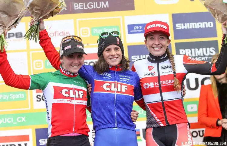 L to R: Eva Lechner, Katerina Nash, Sophie de Boer: 2016 Namur UCI Cyclocross World Cup - Elite Women. © B. Hazen / Cyclocross Magazine