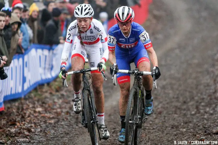 World Cup leader Sophie de Boer and Katerina Nash battle for the best line at the 2016 Namur UCI Cyclocross World Cup - Elite Women. © B. Hazen / Cyclocross Magazine