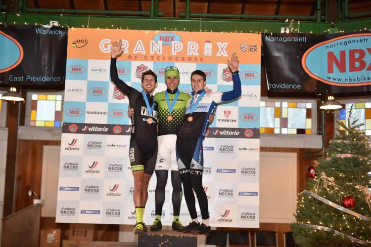 The Elite Men's podium, Curtis White (Cannondale p/b Cyclocrossworld.com), Jeremy Durrin (Neon Velo Cycling Team), and Jack Kisseberth (JAM/NCC). © Chris McIntosh / Cyclocross Magazine