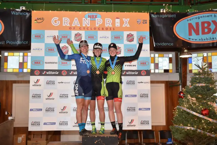 The Elite Women's podium, Emma White (Cannondale p/b Cyclocrossworld.com), Melinda McCutcheon (DNA-Cotton Sox), and Ruby West (Cannondale p/b Cyclocrossworld.com). © Chris McIntosh / Cyclocross Magazine