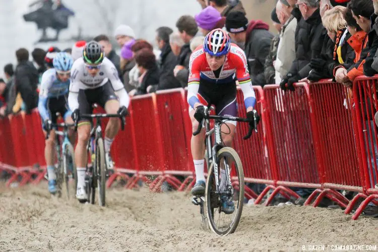 The top three of the season: Mathieu van der Poel leads Van Aert, Pauwels. Elite Men, 2016 Soudal Scheldecross in Antwerp. © B. Hazen / Cyclocross Magazine