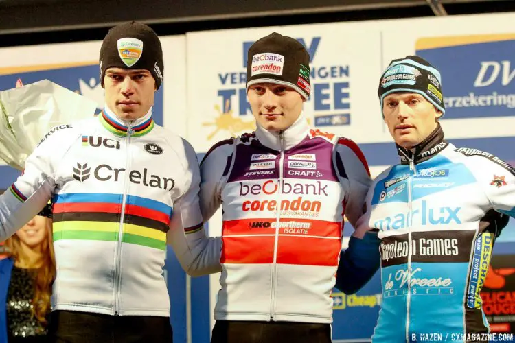 L to R: Wout van Aert, Mathieu van der Poel, Kevin Pauwels. Elite Men, 2016 Soudal Scheldecross in Antwerp. © B. Hazen / Cyclocross Magazine