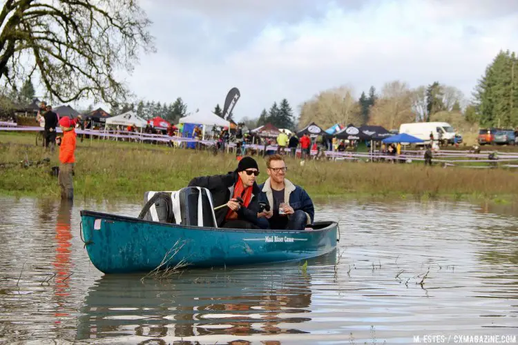 The announcers stayed on top of things with their handy canoe. 2016 SSCXWC consolation round. © M. Estes / Cyclocross Magazine