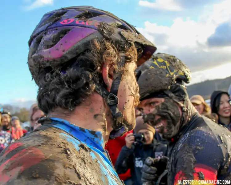Possible post-race chat betwen Craig and Nys: "Nice race. Were you trying, Sven?" "I tried to avoid those balls that were thrown at me." 2016 SSCXWC Men's Finals. © M. Estes / Cyclocross Magazine