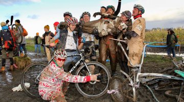 Celebrating a memorable day. 2016 SSCXWC Men's Finals. © M. Estes / Cyclocross Magazine