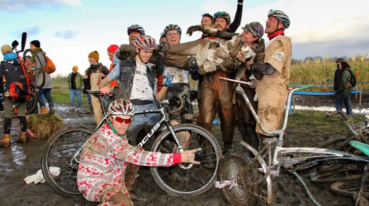 Celebrating a memorable day. 2016 SSCXWC Men's Finals. © M. Estes / Cyclocross Magazine