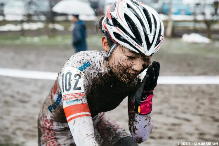 Sakaguchi had enough vision to take her second win in two days. 2016 Nobeyama Rapha Super Cross Day 2. © Jeff Curtes