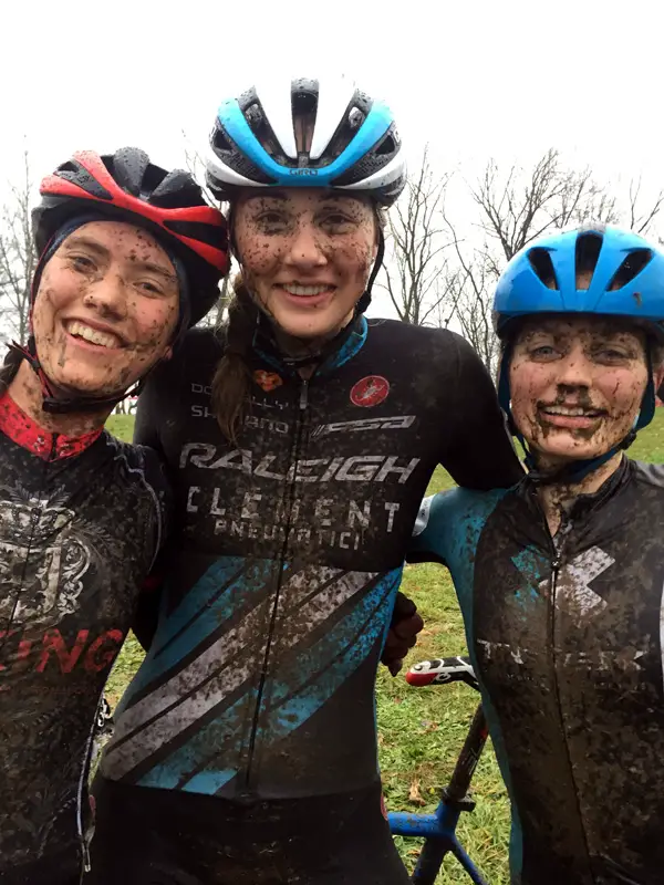 Laurel Rathbun (Raleigh-Clement) and friends show off their muddy race faces. Riley Missel / Cyclocross Magazine