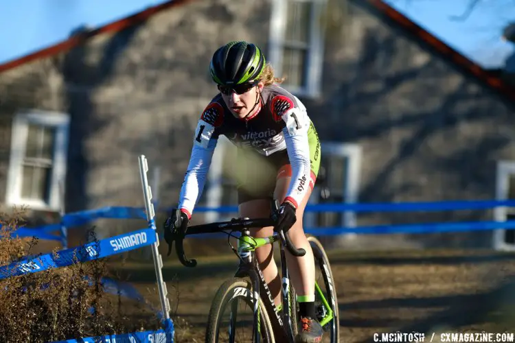 Emma White (Cannondale p/b Cyclocrossworld.com) on the hunt for her third Vittoria Series win of the season. © Chris McIntosh / Cyclocross Magazine