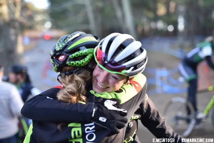 Emma White (Cannondale p/b Cyclocrossworld.com) and Ruby West (Cannondale p/b Cyclocrossworld.com) exchange a congratulatory hug at the finish. © Chris McIntosh / Cyclocross Magazine