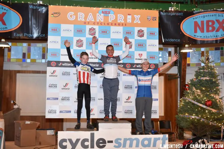 Cub Junior 9-14 year old boys Vittoria Series podium, Jaden Wise, David Thompson, and Colby Simone. © Chris McIntosh / Cyclocross Magazine